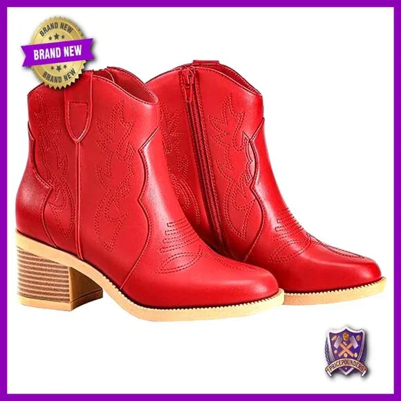 Embroidered Western Cowboy Boots Retro Classic Chunky Heel Ankle Booties